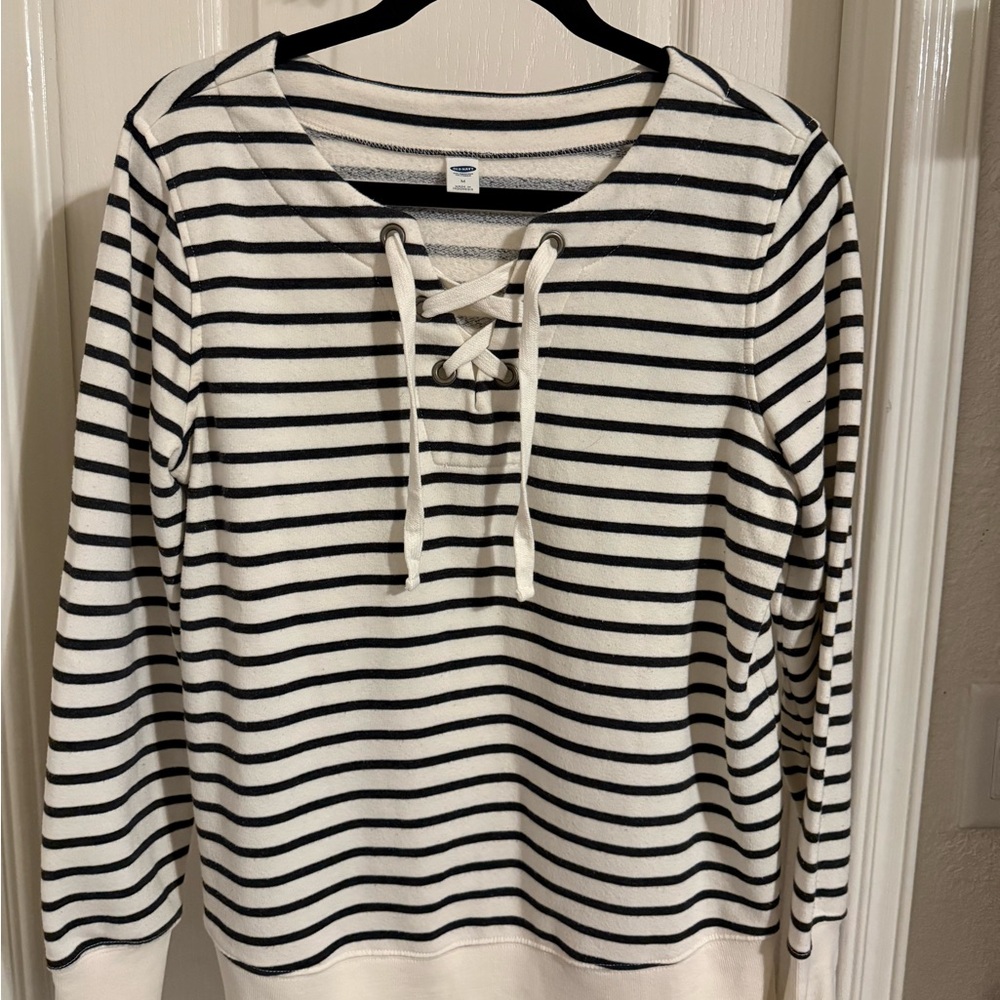 Old Navy Black and White Striped Lace-Up Sweatshirt